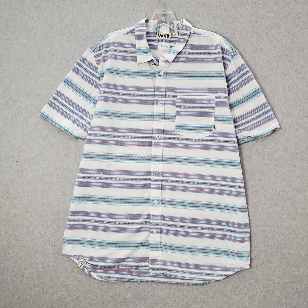 VANS Men Button Up Shirt Large Blue Striped Pocket Short Sleeve Collar READ